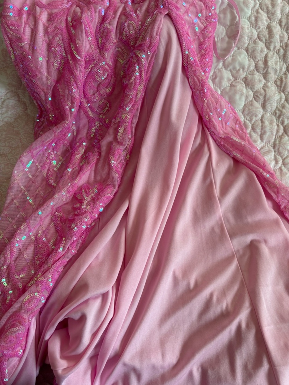 Windsor Pink Sequin Spaghetti-Strap Prom Gown with Thigh Slit - Picture 12 of 12